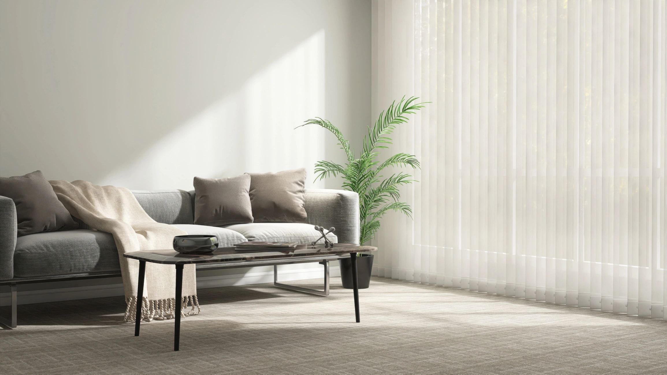Calm living room with natural light and neutral tones